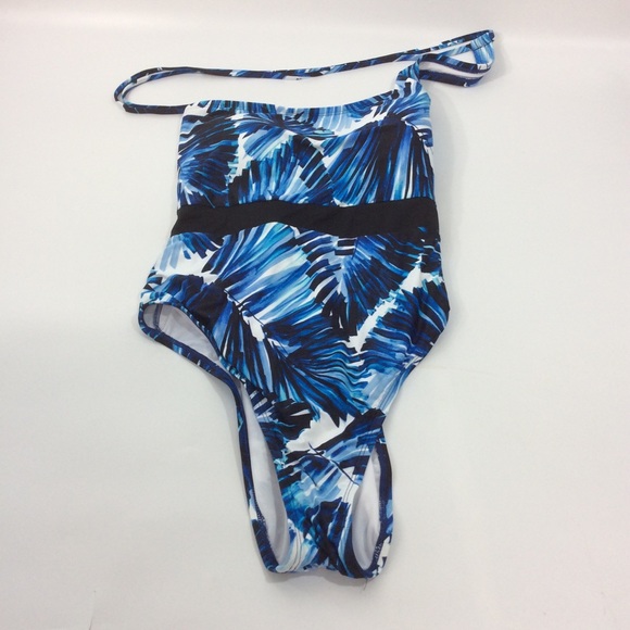 Mynah Large One Piece Swimsuit Asymmetrical Lace Up Back Tropic Goddess Blue JCP - Picture 1 of 4